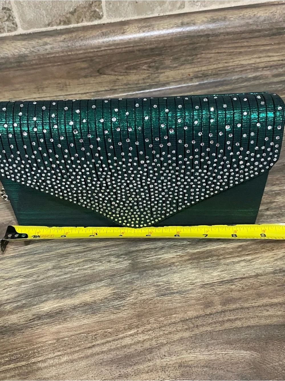 Dasein Emerald Green Rhinestone Envelope Clutch with Silver Chain